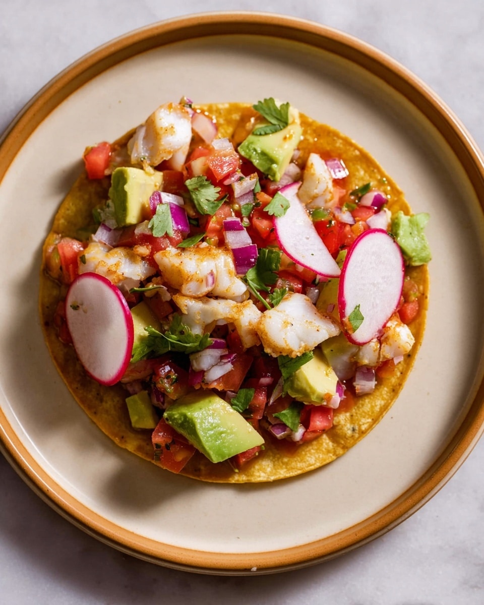 A single round, crispy golden-brown tortilla sits at the base on a white plate, topped with several layers of fresh ingredients. The first layer includes small, bright green avocado chunks mixed with red tomato pieces and diced purple onion. Thin, round radish slices with white centers and pink edges are scattered evenly on top. There are also flakes of white fish placed above the vegetables, with sprigs of green cilantro spread throughout. The whole dish is brightly colored with a mix of textures from smooth avocado to crispy tortilla. The plate rests on a white marbled surface. photo taken with an iphone --ar 4:5 --v 7