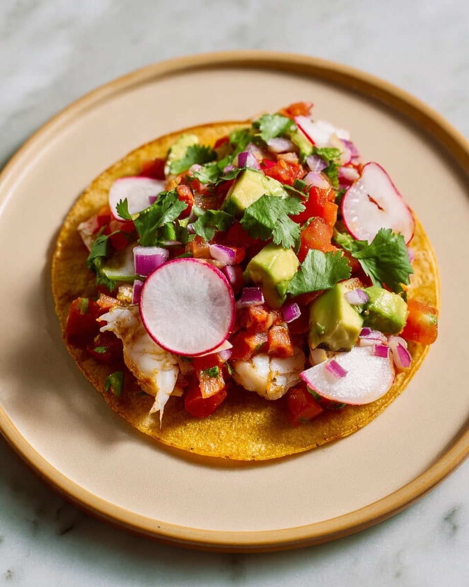 A close-up top view of a single taco is shown on a white plate with a light brown rim set on a white marbled surface. The taco has three layers: a golden-brown crispy corn tortilla as the base, topped with a colorful mix of diced pink tomatoes, purplish-red onion, green avocado chunks, and white fish pieces with a soft texture. Thin pink slices of radish and green cilantro leaves are scattered on top, adding pops of color and texture. Photo taken with an iphone --ar 4:5 --v 7