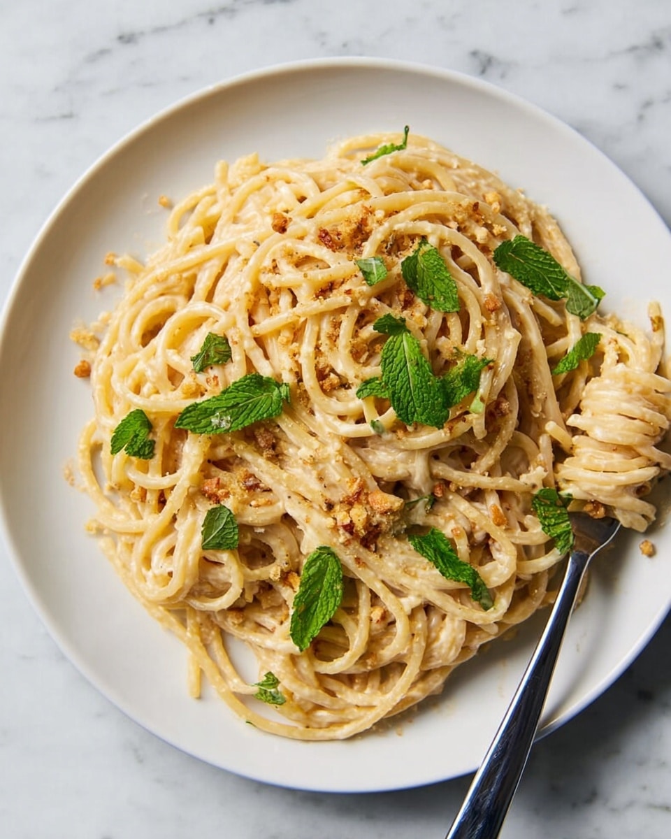 A white plate filled with a messy pile of creamy spaghetti noodles coated in a light beige sauce, sprinkled with small bits of crushed nuts or cheese. Bright green mint leaves are scattered on top for color contrast. A silver fork with a black handle is twirling some spaghetti on the right side of the plate. The background is a white marbled texture. photo taken with an iphone --ar 4:5 --v 7