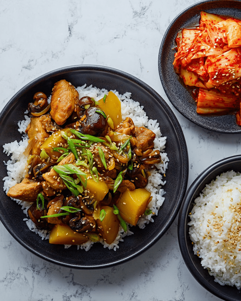 The image shows a dark plate filled with a base layer of white rice, topped with a second layer of braised chicken pieces, chunks of yellow potatoes, and mixed brown mushrooms, garnished with thinly sliced green onions and sprinkled sesame seeds. Next to it, another dark plate contains a serving of bright red-orange kimchi with visible chili flakes, all placed on a white marbled surface. photo taken with an iphone --ar 4:5 --v 7