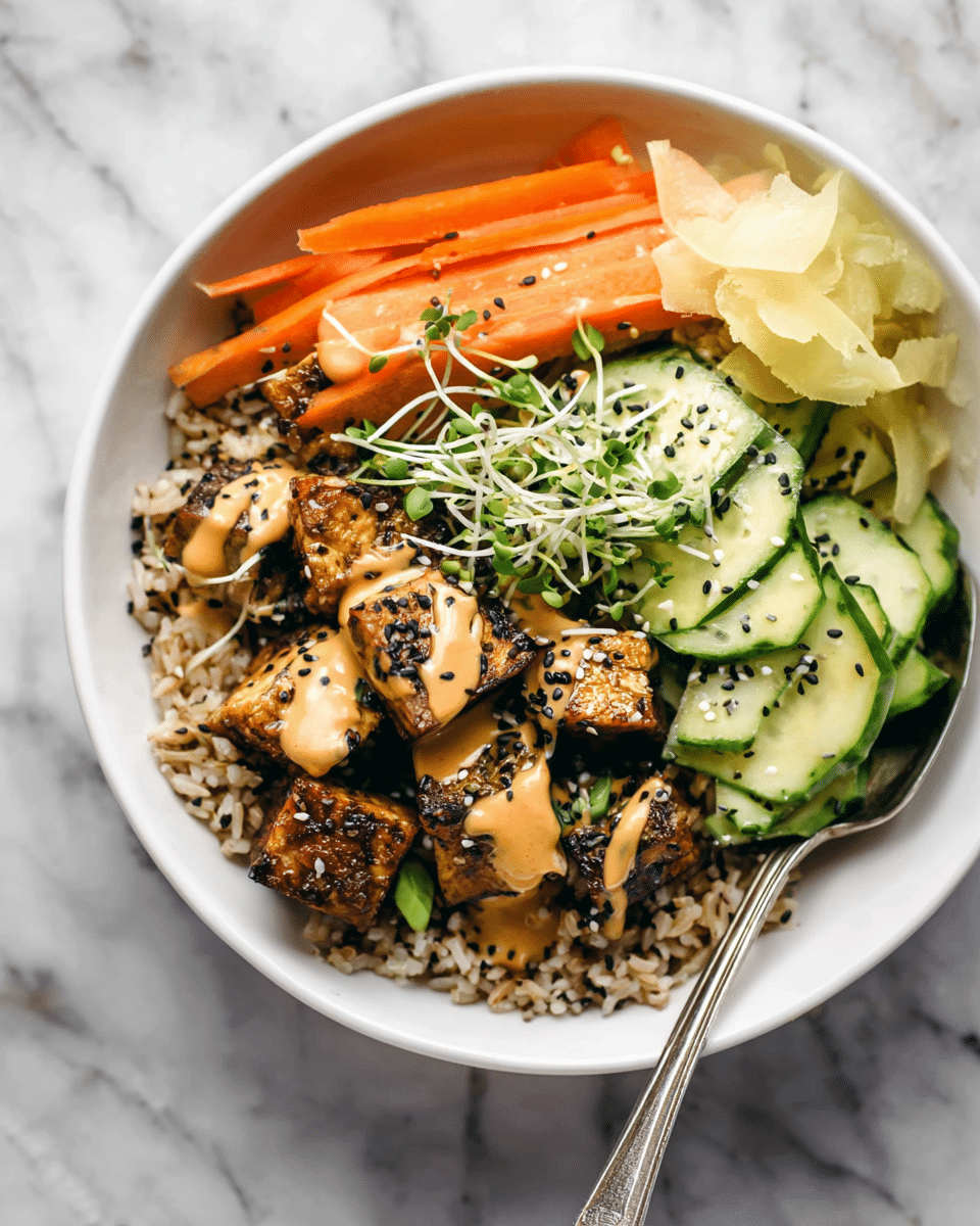 A white bowl sits on a white marbled textured surface, filled with a colorful layered dish. At the bottom, there is a layer of mixed grains in light brown and beige tones. On top, four sections create a vibrant circle: slices of bright green avocado sprinkled with black and white sesame seeds, light green cucumber sticks, thin orange carrot sticks, and a heap of dark golden-brown grilled tofu cubes drizzled with a light brown sauce and topped with small green sprouts and sesame seeds. A small swirl of pale yellow pickled ginger rests near the tofu, and a silver spoon is placed inside the bowl. Photo taken with an iphone --ar 4:5 --v 7