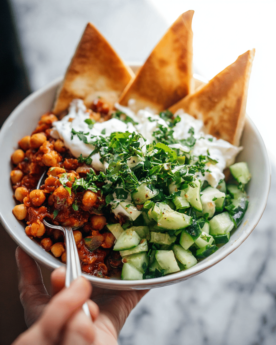 The image shows a white bowl held by a woman's hand, filled with a colorful, layered dish. On one side, there is a cooked chickpea mixture with a chunky texture and red sauce. Next to it, there is a fresh cucumber salad with small green and white pieces, topped with chopped green herbs. On top of the salad, there are dollops of white creamy sauce or yogurt. Behind these layers, three triangular golden-brown toasted pita pieces are placed upright. The whole bowl rests against a blurred background, with a white marbled texture beneath. A metal spoon is partly submerged in the chickpea mix. photo taken with an iphone --ar 4:5 --v 7