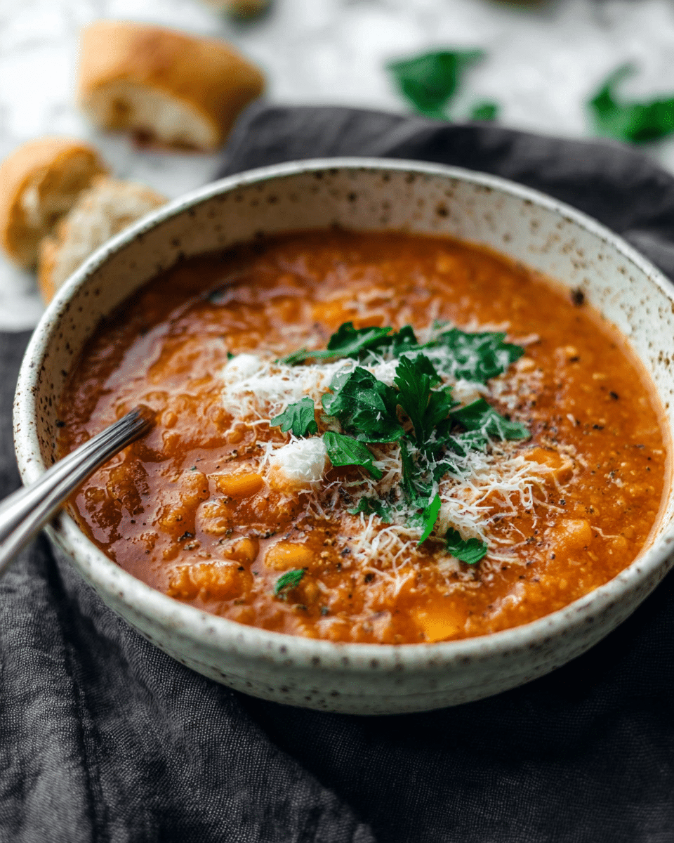 A woman's hand holds a rough-edged white bowl filled with a thick tomato-based stew that has visible small white beans and orange chunks of vegetables, giving it a textured, hearty look. The stew’s surface is partly covered with a light dusting of grated white cheese, topped with fresh bright green parsley leaves placed mostly on one side. A detailed silver spoon rests inside the bowl, partially submerged in the stew. The bowl sits on a white marbled textured cloth with pieces of torn bread scattered around the scene. Photo taken with an iphone --ar 4:5 --v 7