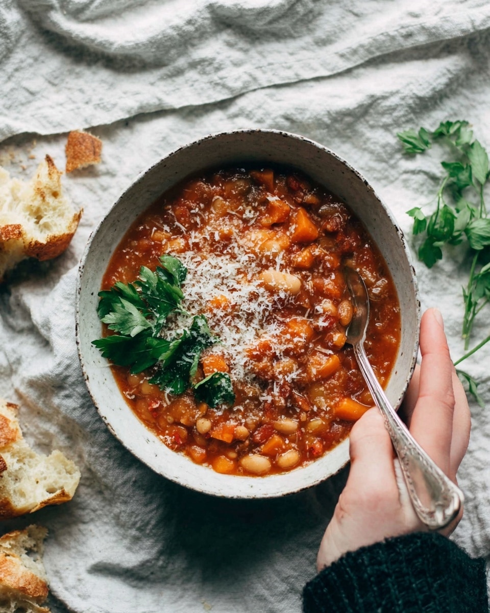 A bowl of thick, chunky tomato soup with visible pieces of orange carrots and white beans, topped with a sprinkle of grated white cheese and fresh green parsley leaves in the center. The soup has a rich, reddish-orange color with a slightly oily surface. It is served in a speckled, white ceramic bowl resting on a dark cloth, with a silver spoon partially dipped into the soup on the left side. Small pieces of bread are partially visible around the bowl. The background has a white marbled texture. Photo taken with an iphone --ar 4:5 --v 7