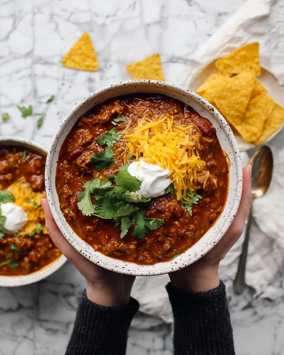 Two bowls of thick chili sit on a white marbled surface, each bowl rustic with a speckled beige exterior and a rough texture. The chili inside is deep brown-red with a chunky texture, topped with bright orange shredded cheddar cheese, a dollop of smooth white sour cream, and fresh green cilantro leaves scattered over. A silver spoon rests inside the top bowl, partially submerged. A grey cloth is placed under and around the bowls, adding contrast to the scene. Photo taken with an iphone --ar 4:5 --v 7