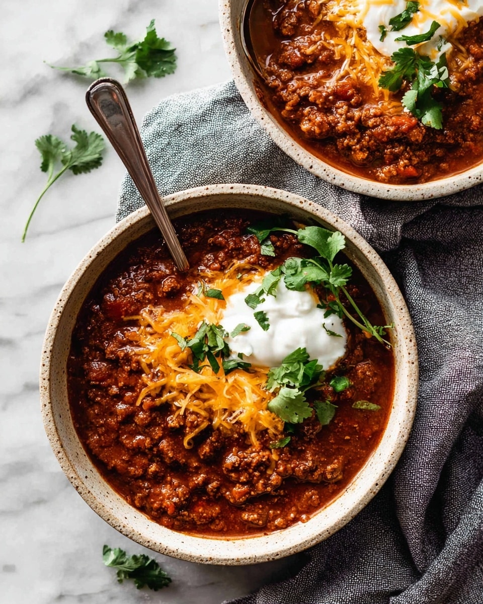 A white speckled bowl filled with thick, dark brown chili with visible chunks of meat and beans is held by two woman's hands wearing black sleeves. On top of the chili, there is a layer of bright yellow shredded cheese, a dollop of white sour cream, and several fresh green cilantro leaves scattered around. In the background, there is a white marbled surface with a few yellow triangular tortilla chips scattered near another similar bowl of chili with a spoon. Photo taken with an iphone --ar 4:5 --v 7