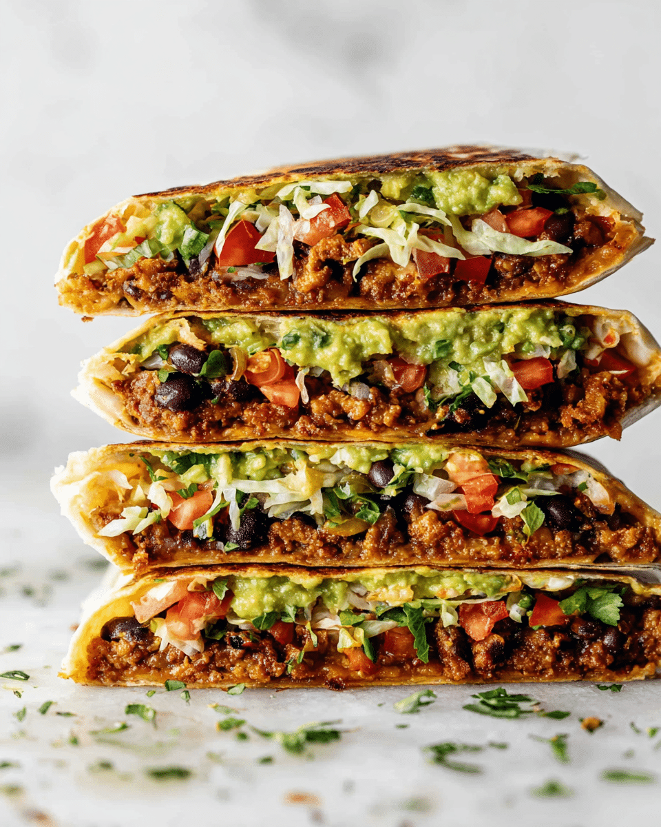 A woman's hand holds four stacked burrito halves, each tortilla lightly toasted and soft, showing three main visible layers inside: a bottom layer of brown seasoned beans and crumbled tofu or meat, a middle layer of green shredded lettuce mixed with fresh red tomato pieces, and a top layer of creamy light beige sauce drizzled generously. Small bits of chopped green herbs are scattered on the sauce, adding fresh color contrast. The background is a smooth white marbled texture. photo taken with an iphone --ar 4:5 --v 7