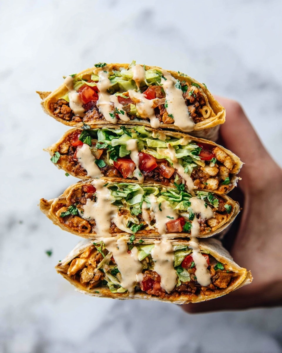 The image shows a stack of four grilled burrito halves, each cut to reveal colorful, layered fillings. Starting from the bottom to the top, each burrito features a light golden, slightly crispy tortilla wrapping. Inside, there is a layer of cooked, crumbly brownish-red seasoned meat or meat substitute mixed with black beans, followed by a bright green layer of guacamole or smashed avocado evenly spread on top. Above this, there are small chunks of fresh red tomatoes scattered with finely chopped green cilantro leaves, and a layer of pale, shredded cheese or cabbage with a slightly moist texture. The background and surface beneath the burritos is a white marbled texture, with small bits of green herbs scattered around the base. Photo taken with an iphone --ar 4:5 --v 7