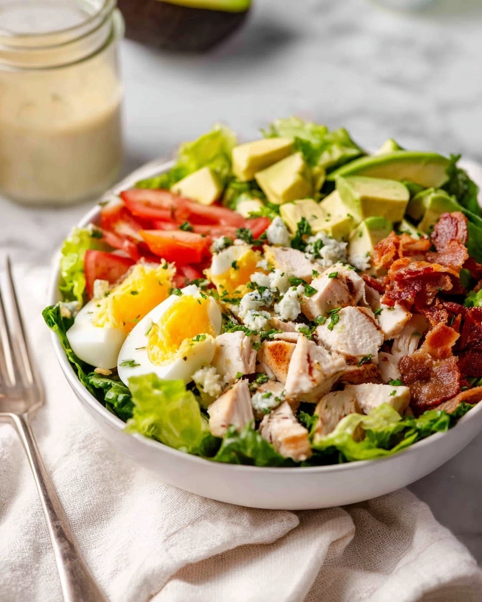 A white bowl filled with a fresh salad sits on a white marbled surface with a soft white cloth underneath. The salad has a bottom layer of green lettuce leaves with crisp texture. On top, there are chopped pieces of light-colored grilled chicken, quartered hard-boiled eggs with bright yellow yolks, chunks of green avocado, and red tomato wedges. Small bits of crispy bacon and crumbled blue cheese are scattered over, sprinkled with chopped green herbs. In the background, there is a glass jar with a creamy dressing. A silver fork lies beside the bowl. Photo taken with an iphone --ar 4:5 --v 7
