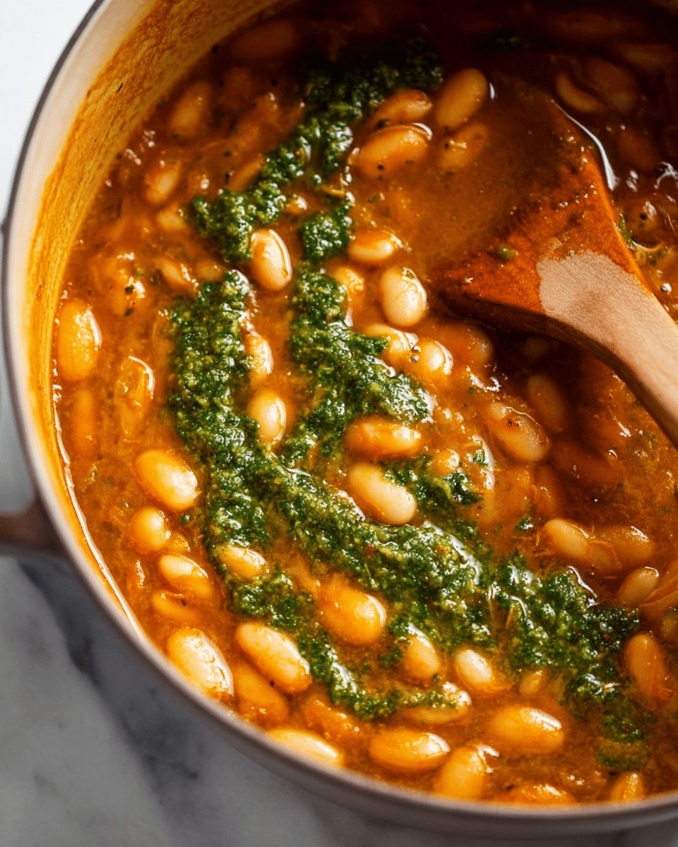 The image shows a close-up view of a pot filled with orange-brown thick soup or stew containing white beans and a green herb sauce swirled on top, creating a contrast between the creamy texture of the beans and the fresh green parsley or basil paste. A wooden spoon is partially submerged in the stew, stirring the contents, and the pot edges can be seen in the background with a white marbled surface. photo taken with an iphone --ar 4:5 --v 7