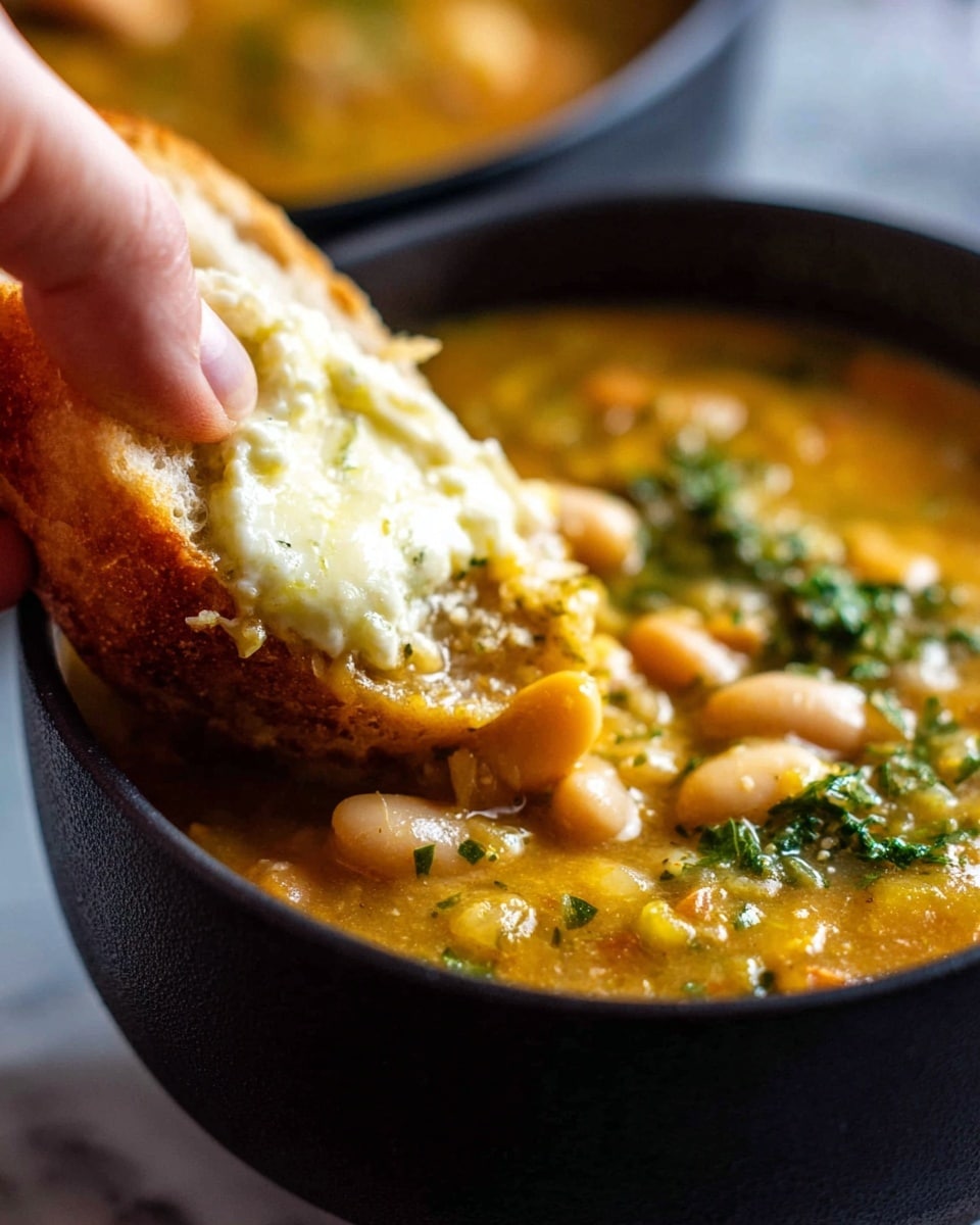 A close-up view of a black bowl filled with thick yellow-orange soup mixed with whole white beans and green herb pieces, showing a rich, slightly chunky texture. A woman's hand is dipping a piece of soft, white bread topped with creamy, melted butter into the soup, highlighting the warm, hearty feeling of the dish. The white marbled texture surface is softly blurred in the background, emphasizing the bowl and the bread being dipped. photo taken with an iphone --ar 4:5 --v 7