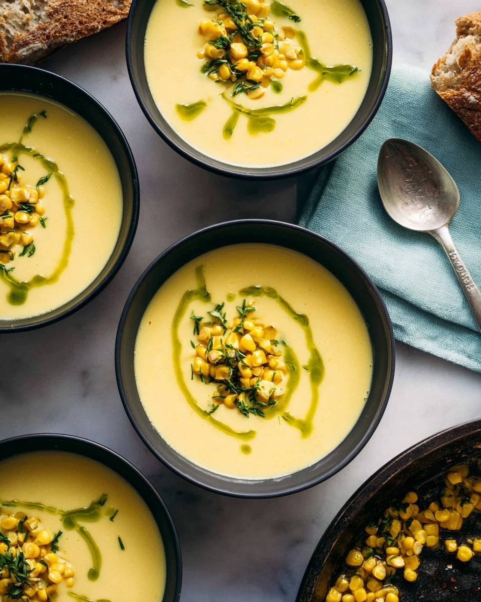 Four black bowls filled with smooth, creamy yellow corn soup sit on a white marbled surface. Each bowl has one central layer of bright yellow corn kernels mixed with chopped green herbs, and a drizzle of green oil on top, arranged in a zigzag pattern. Near the top right, there is a broken piece of brown bread and a silver spoon resting on a pale blue cloth napkin. In the bottom right corner, part of a dark skillet with cooked corn and herbs is visible. Photo taken with an iphone --ar 4:5 --v 7