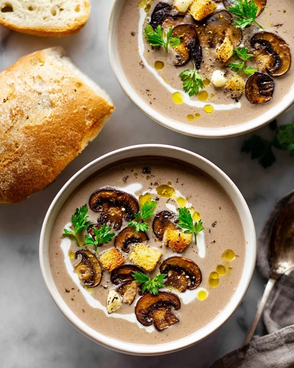 Creamy Mushroom Soup with Croutons and Herbs Recipe