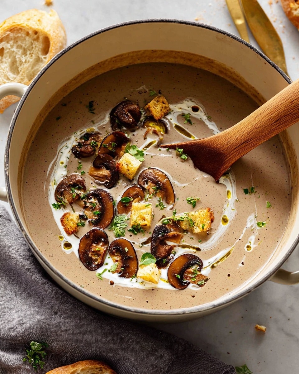 A close-up of a white round pot filled with creamy, light brown mushroom soup with a smooth texture. On top, there are thinly sliced dark brown mushrooms, small golden brown croutons, and bright green fresh herbs scattered evenly. A wooden spoon with a round handle is resting inside the pot, partially covered by the soup, stirring the contents gently. There are thin swirls of white cream and a few drops of olive oil drizzled on the surface of the soup. The pot is placed on a soft gray cloth on a white marbled surface. In the background, there is a piece of bread with butter and a butter knife. Photo taken with an iphone --ar 4:5 --v 7