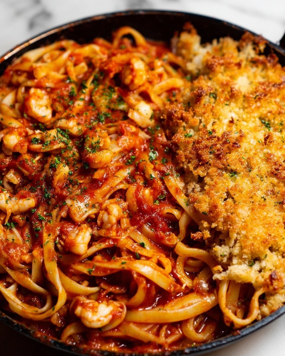 The image shows a close-up of a pasta dish with two main sections. On the left and center, there are long, flat noodles covered in bright red tomato sauce mixed with small pieces of white seafood and sprinkled with small green herbs. On the right side, there is a thick layer of golden-brown breadcrumbs or grated cheese with a crispy texture, sitting on top of the noodles. The dish is served in a black pan with visible edges, set against a white marbled surface. photo taken with an iphone --ar 4:5 --v 7