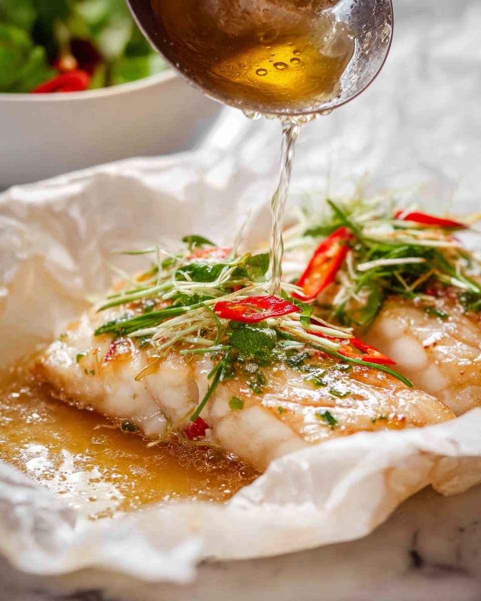 The image shows two pieces of cooked fish fillets placed on white parchment paper, resting on a white marbled surface. The fish is light golden brown with a slightly glossy texture and is topped with thin strips of green herbs and red chili slices, adding a fresh and colorful contrast. A golden liquid is being poured over the fish from a metal ladle, creating bubbles and a glistening effect on the fillets. In the background, a white bowl with a green salad is slightly blurred, emphasizing the close-up view of the fish. photo taken with an iphone --ar 4:5 --v 7