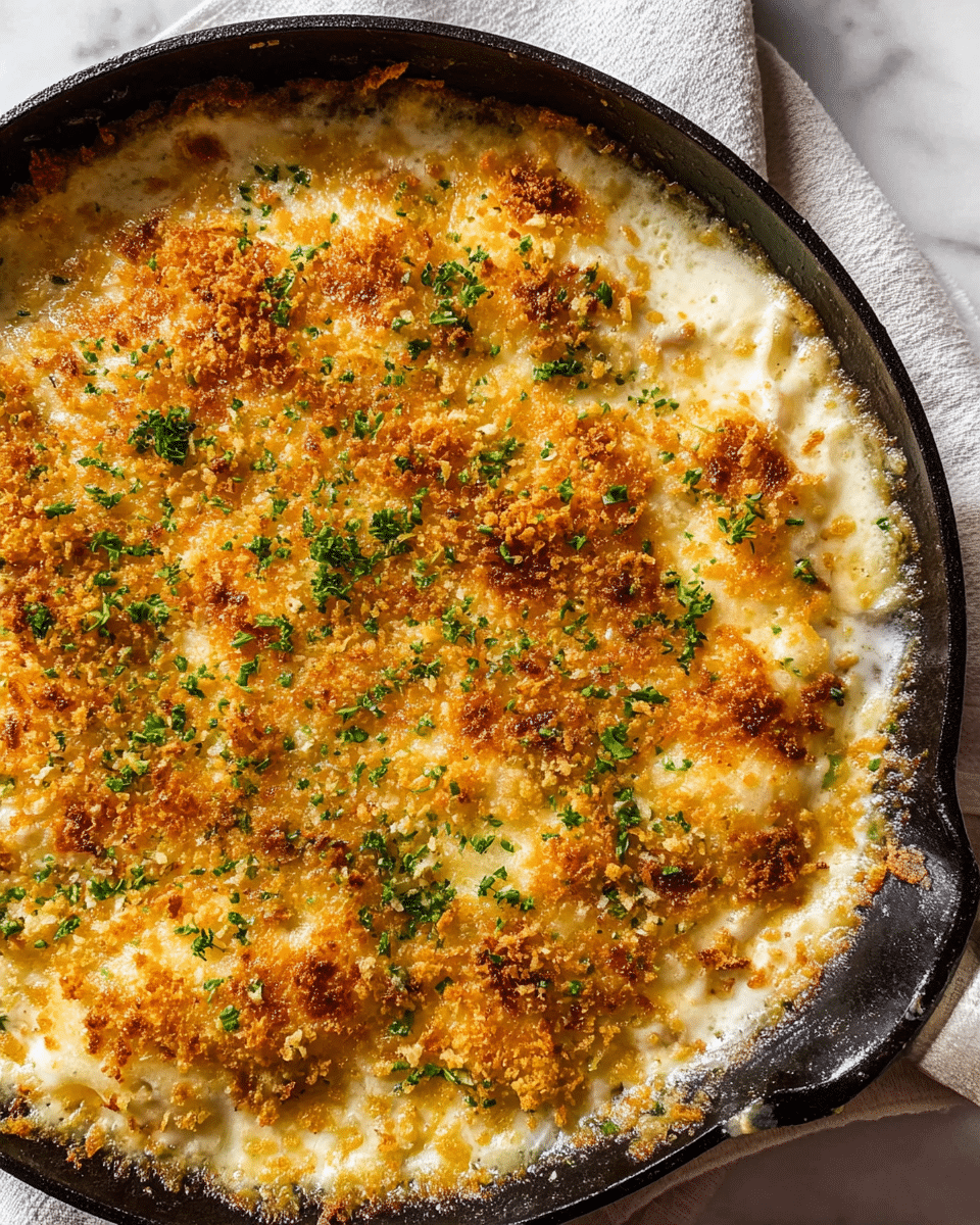 A round black skillet filled with a creamy baked dish with about three layers visible: the bottom layer is a soft white sauce mixed with small bits of onions, the middle layer is covered by thick, melted cheese with a golden brown toasted crust, and the top layer is sprinkled with crispy golden breadcrumbs and finely chopped green herbs scattered evenly across the surface, giving a slightly crunchy texture. The skillet sits on a white marbled surface with a light cloth nearby. Photo taken with an iphone --ar 4:5 --v 7