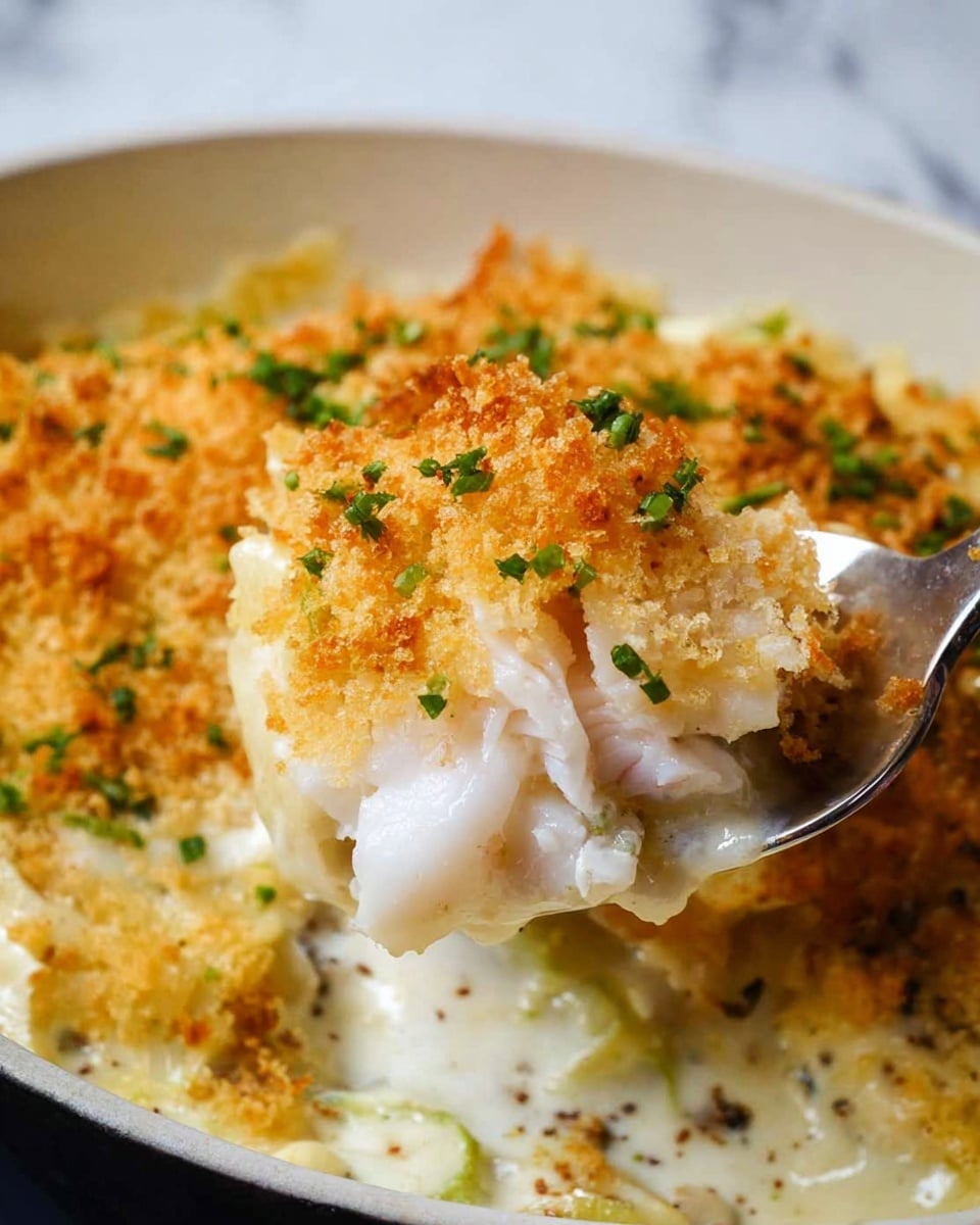 The image shows a close-up of a baked dish with three main layers. The bottom layer is a creamy white sauce with a smooth texture, covering chunks of white fish visible in the middle layer. The top layer is made of a golden brown, crispy breadcrumb crust sprinkled with small green herb bits giving a fresh touch. A spoon is scooping out a piece of the fish, showing its soft, flaky texture underneath the crunchy crust. The dish is served in a white bowl placed on a white marbled surface. photo taken with an iphone --ar 4:5 --v 7