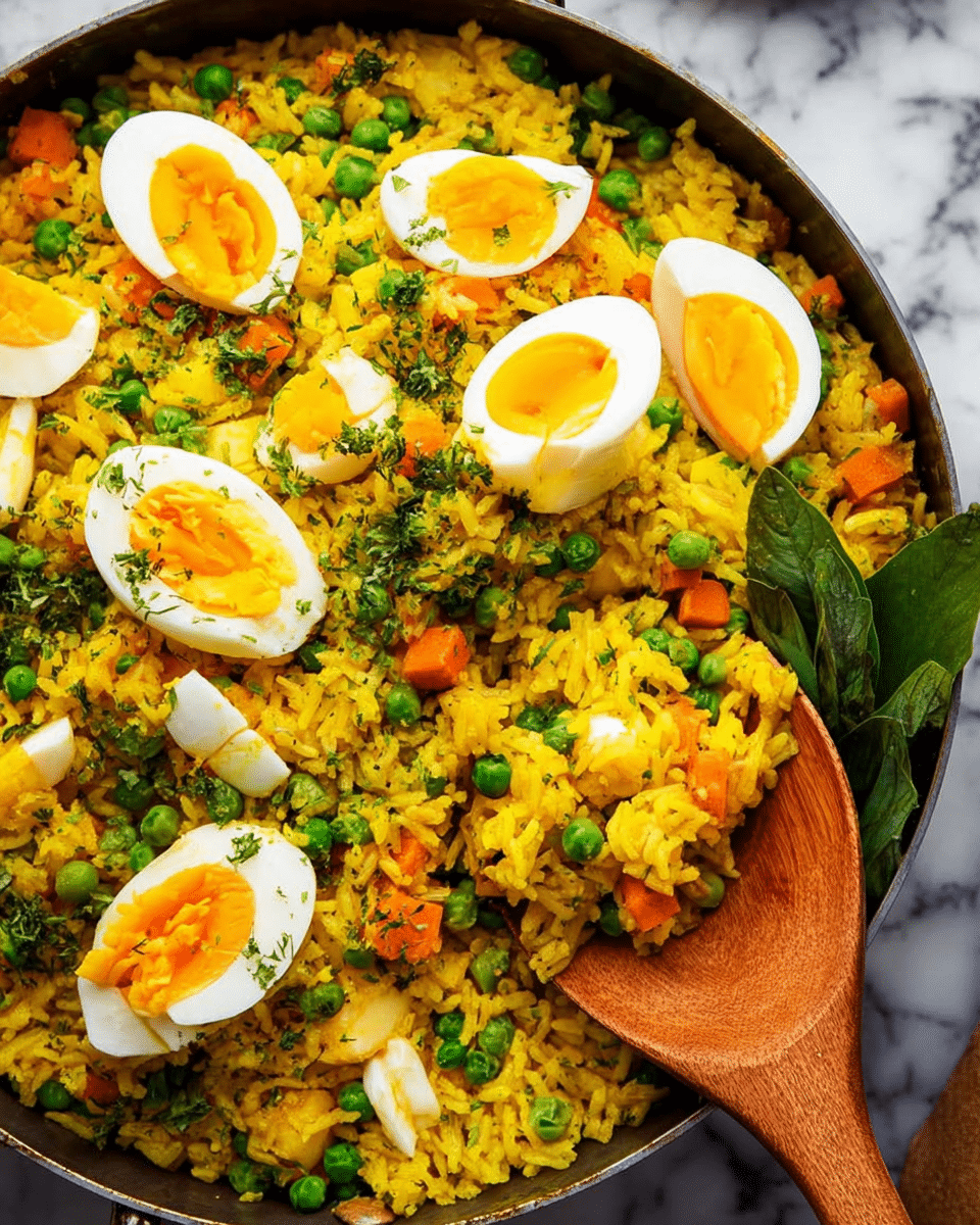 A pan filled with yellow rice mixed with bright green peas and small pieces of orange carrots, topped with several halved boiled eggs showing firm white and orange yolk inside. The rice has green herbs sprinkled over it for garnish, with some whole green leaves placed on the side. A wooden spoon is scooping some of the rice near the right side of the pan. The dish is on a white marbled surface. photo taken with an iphone --ar 4:5 --v 7