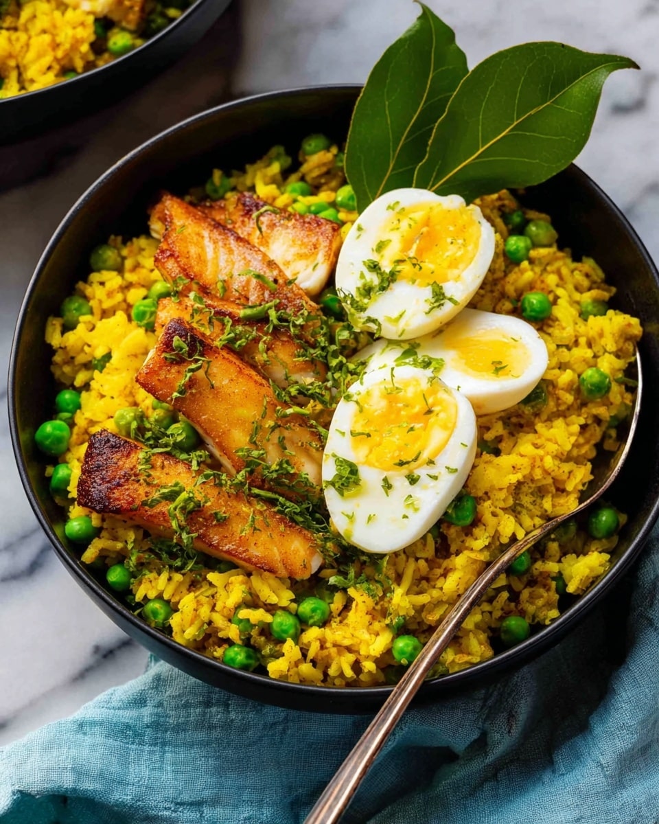 A black bowl filled with three layers: a base of bright yellow rice mixed with scattered green peas showing soft, slightly grainy texture; on top are cut pieces of grilled fish with a golden brown crust, adding a firm texture; the top layer holds a halved boiled egg with a creamy white outside and soft yellow yolk in the middle, all sprinkled with small chopped green herbs. A fresh green curry leaf sits on the side of the bowl. The bowl is placed on a white marbled surface with a light blue cloth underneath, and a spoon rests inside the bowl. Photo taken with an iphone --ar 4:5 --v 7