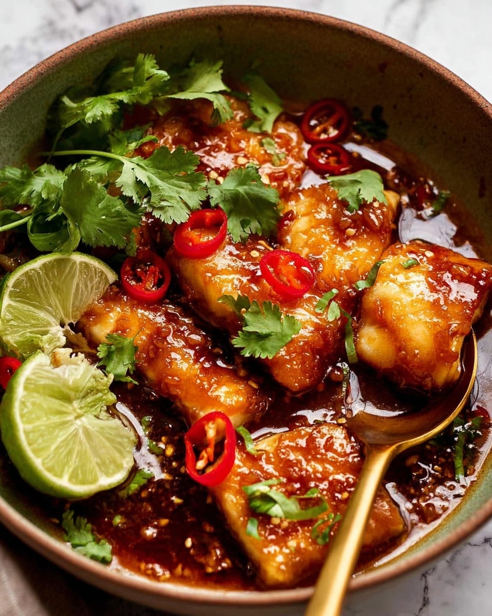 The dish is in a round bowl with a rustic brown color. Inside the bowl, there are several pieces of golden brown glazed fish layered with a sticky, shiny sauce that has a deep reddish-brown color. Bright red chili slices are scattered on top of the fish, adding a pop of color. Fresh green cilantro leaves are placed evenly across the dish, providing a fresh contrast. Two bright green lime wedges sit on one side of the bowl, one attached with a small cilantro leaf. A golden spoon rests inside the bowl, partly dipped in the sauce, reflecting the warm light. The background is a white marbled texture. photo taken with an iphone --ar 4:5 --v 7