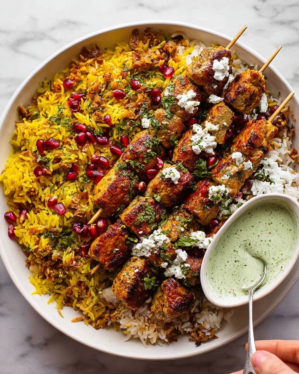 A large white bowl filled with two main layers: on the left side, a bed of yellow rice mixed with spices and bits of dried fruit, topped with bright red pomegranate seeds and green herbs, giving a colorful contrast; on the right side, several grilled skewers of golden brown kebabs sprinkled with white crumbled cheese and chopped green herbs, with one skewer dipped in a small white cup of creamy green sauce in the bottom right corner, a woman's hand holding this skewer gently; a spoon rests on the rice side of the bowl, all placed on a white marbled surface. photo taken with an iphone --ar 4:5 --v 7