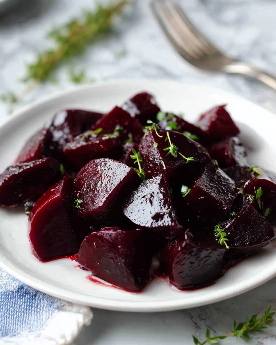 The image shows a white plate filled with shiny, dark red beetroot pieces cut into irregular chunks. The beets have a smooth and glossy texture from a dark sauce coating them. Small green herb leaves are sprinkled on top of the beets, adding a pop of color. The plate sits on a white marbled surface with some scattered green herb sprigs nearby and a blurred silver fork in the background. Photo taken with an iphone --ar 4:5 --v 7