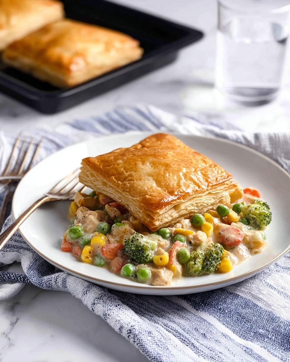 A white plate sits on a white marbled surface with a light blue and white striped cloth underneath. On the plate, there is a golden-brown, flaky pastry square placed on top of a creamy mixture of colorful vegetables and pieces of chicken. The creamy mixture shows green broccoli florets, bright orange carrot chunks, yellow corn, green peas, and small pieces of chicken coated in a thick white sauce. In the background, another pastry square rests on a black tray, and a glass of water is visible on the right side. Photo taken with an iphone --ar 4:5 --v 7