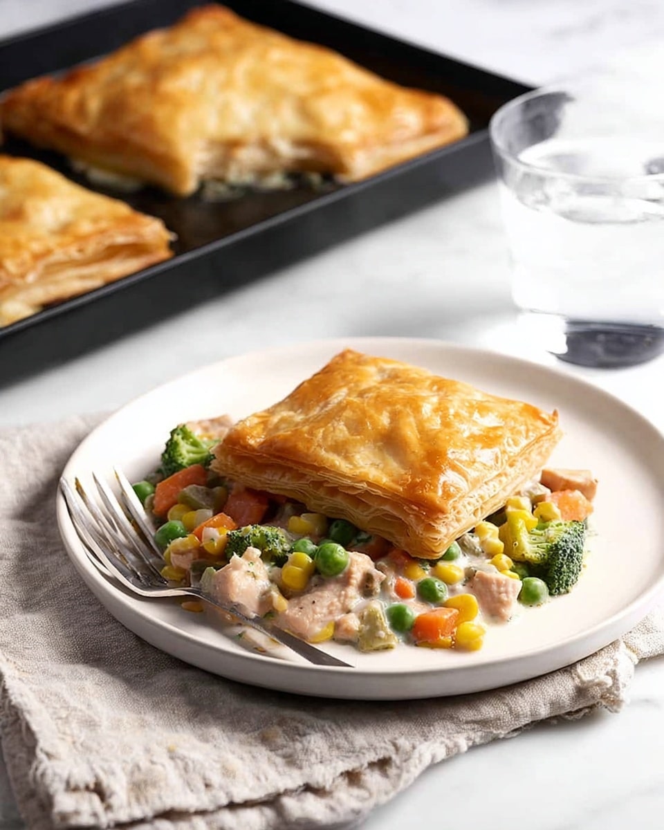 A white plate sits on a white marbled surface with a cloth underneath, holding a square golden-brown puff pastry on top of a creamy mix of colorful vegetables and chicken pieces. The creamy mix beneath the pastry has visible bright green peas, broccoli, orange carrots, yellow corn, and chunks of light brown chicken in a light sauce. In the background, a black baking tray holds another square puff pastry, and beside the plate is a clear glass of water. The scene is bright and clean, focusing on the warm, fresh meal. photo taken with an iphone --ar 4:5 --v 7