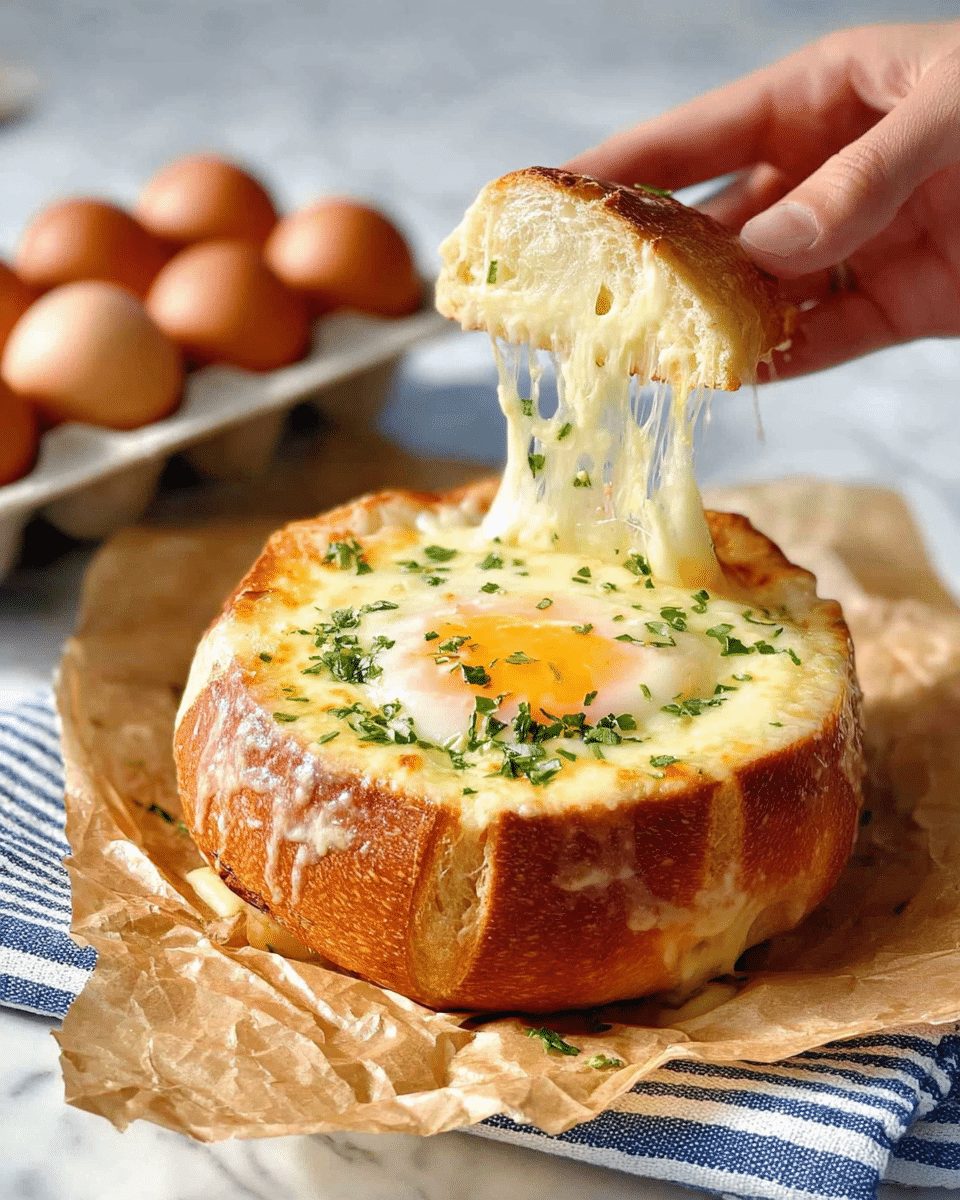A round bread bowl with a golden-brown crust is filled with a cooked sunny-side-up egg topped with melted cheese, which stretches in thin strings as a woman's hand lifts the top piece of bread. The egg yolk is soft and surrounded by a layer of creamy melted cheese with small green herb bits sprinkled on top. The bowl sits on crumpled brown parchment paper on a blue and white striped cloth, placed on a white marbled surface. In the background, there is a tray of brown eggs slightly out of focus. Photo taken with an iphone --ar 4:5 --v 7