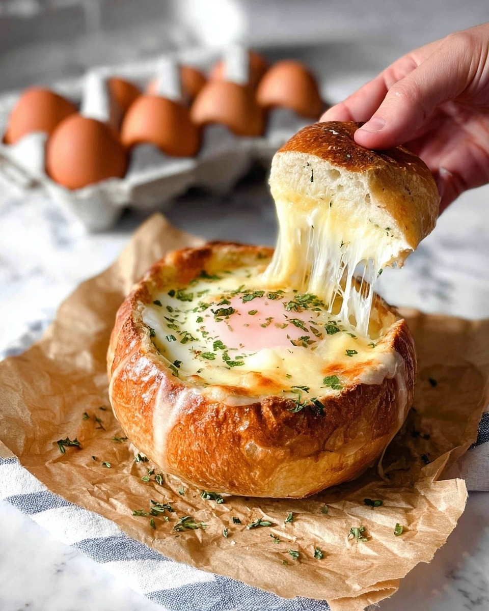 A round bread bowl with a golden-brown crust, hollowed out and filled with a cooked egg that has a soft pink yolk and white. On top of the egg, melted cheese stretches upward as a woman's hand lifts the top piece of bread, with small green herb sprinkles scattered over the cheese and around the bread bowl. The bread bowl rests on crumpled brown parchment paper placed on a white and blue striped cloth over a white marbled surface. In the background, there is a carton of brown eggs slightly out of focus. photo taken with an iphone --ar 4:5 --v 7