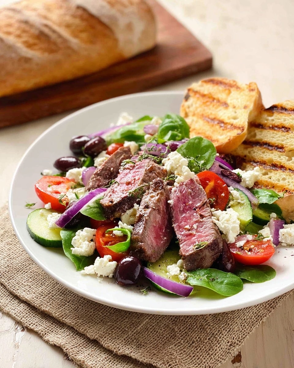 A white plate holds a fresh salad with five layers, starting with a base of green cucumber slices, black and green olives, and thin purple onion rings. On top of this, there are bright red tomato slices and scattered fresh green leaves. The next layer is pieces of medium-rare steak with a pink center and a browned outer edge, laid across the salad. White crumbled cheese is sprinkled over the entire dish. Two toasted slices of bread with light brown grill marks rest at the top right edge of the plate. The plate sits on a beige textured cloth over a brown wooden surface. In the background, there is a loaf of bread on a wooden board, all set on a white marbled texture. Photo taken with an iphone --ar 4:5 --v 7