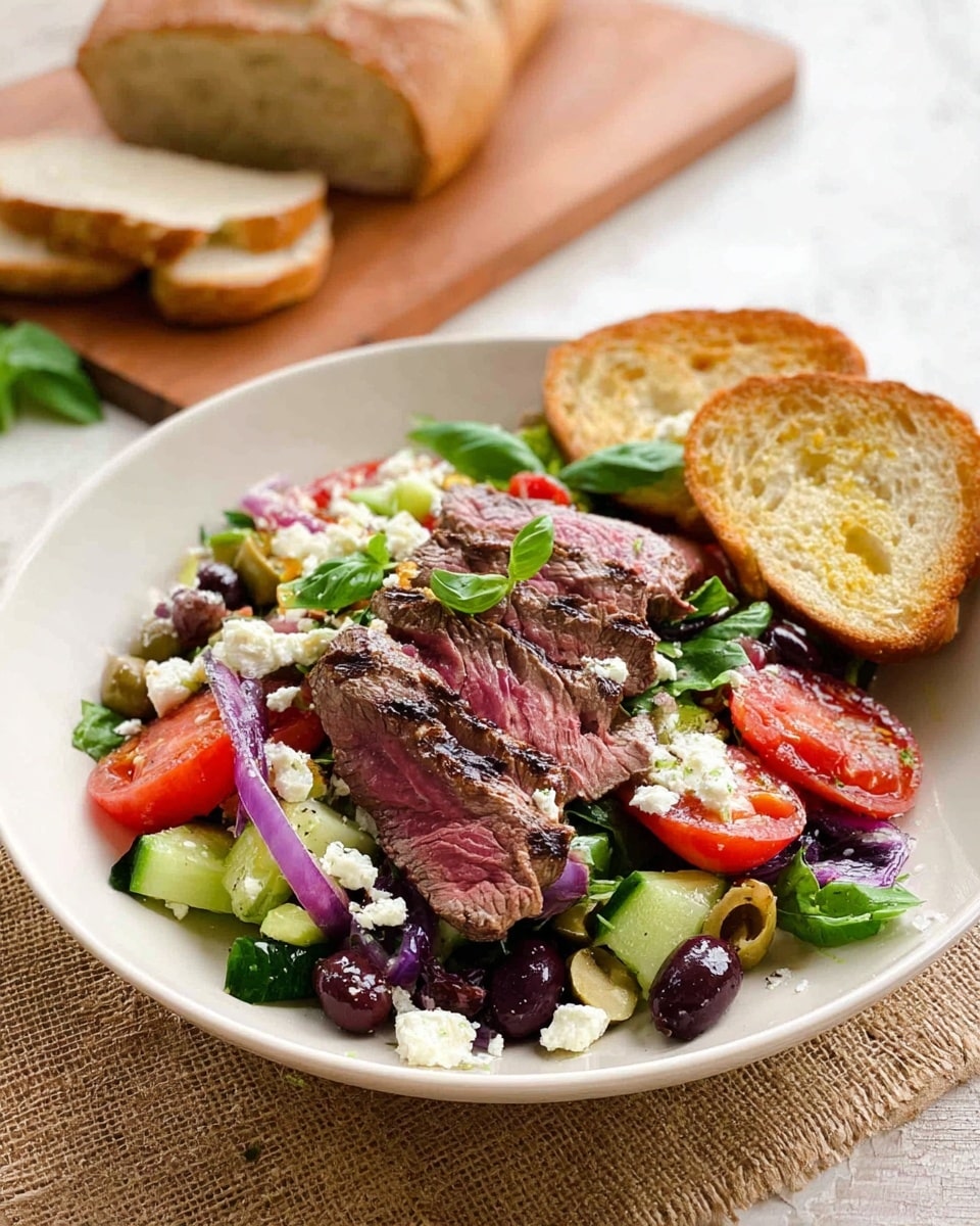 A white plate holds a colorful salad with a base layer of dark green leafy vegetables, sliced bright red tomatoes, purple onion slices, green cucumber pieces, black and green olives scattered around, and sprinkled with white feta cheese crumbles. On top, there are three slices of medium-rare grilled steak, showing a pink center with a brown charred outer edge, garnished with small green basil leaves. Two toasted slices of light golden brown bread rest on the side of the plate. The plate is placed on a beige burlap cloth over a wooden table, with a wooden cutting board holding a loaf of bread and a bread slice blurred in the background, all set against a soft white marbled texture. Photo taken with an iphone --ar 4:5 --v 7