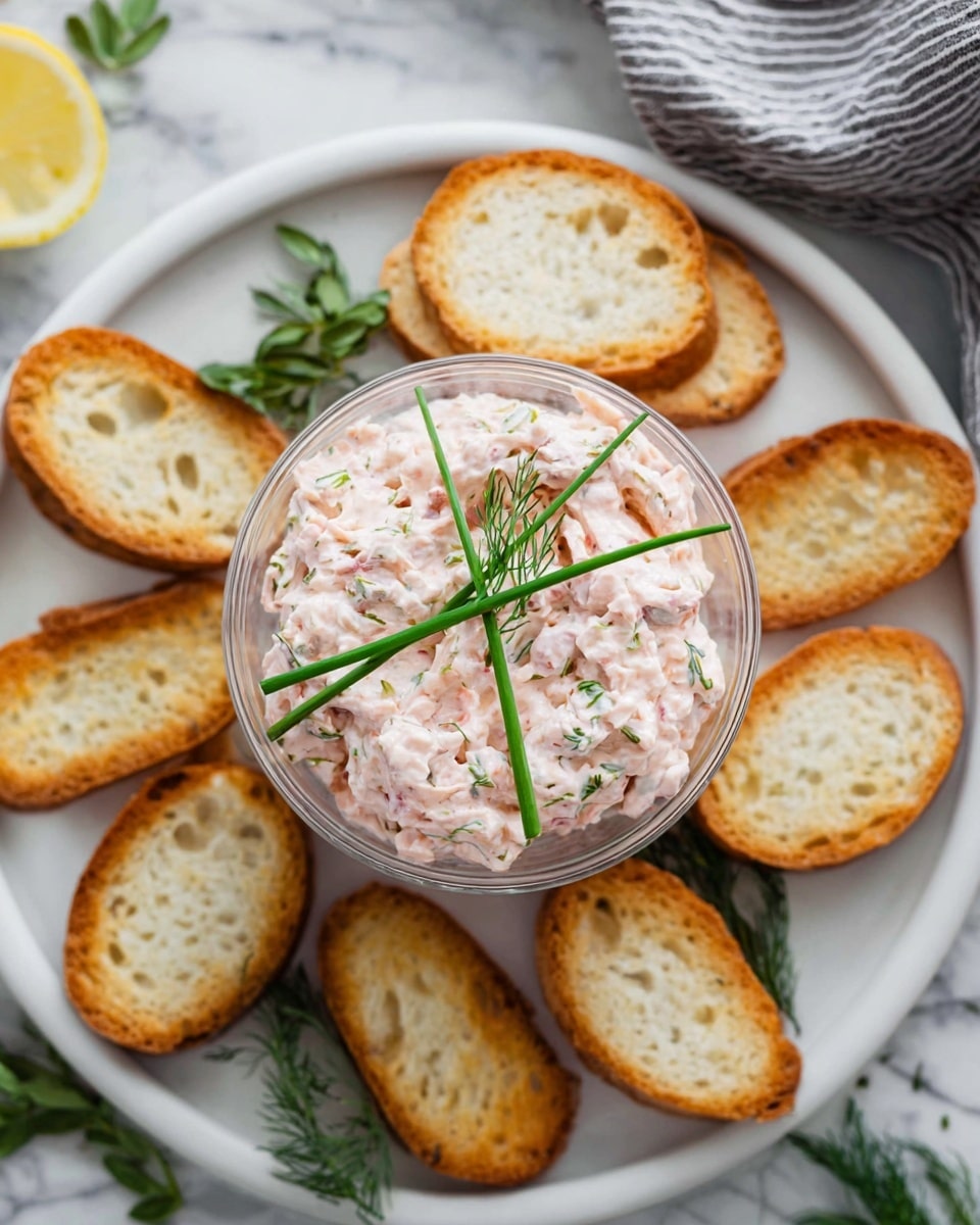 A clear glass bowl filled with a mix of light pink and white creamy spread with visible small chunks sits in the center of a white plate. The spread is topped with two green chive stalks crossed and a small sprig of dill for garnish. Around the bowl, arranged in a loose circle, are several oval toasted bread slices with a golden-brown crust and a light airy inside. A small wedge of lemon is partially visible on the left edge of the plate. The plate rests on a white marbled textured surface with some green herb sprigs and a grey-striped cloth partially visible in the background. photo taken with an iphone --ar 4:5 --v 7