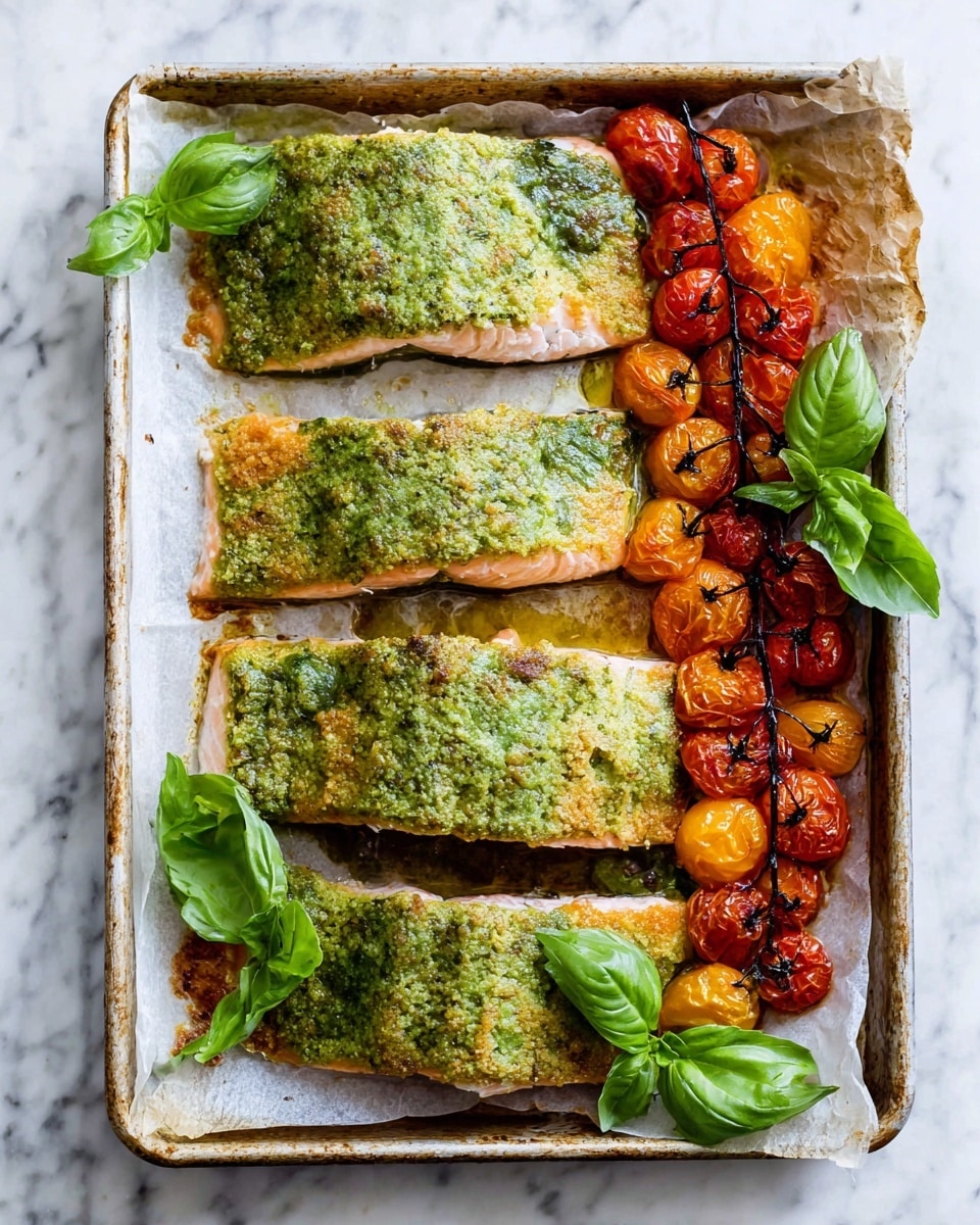The image shows four salmon fillets on a baked white paper-lined metal tray with a slightly browned, crispy texture on top covered by a green pesto layer. The salmon beneath has a light pink color, visible around the edges. To the right, there is a cluster of roasted cherry tomatoes in shades of red and orange, some slightly wrinkled from roasting. Fresh bright green basil leaves are placed on the tray near the top-left and bottom sections, adding a pop of color to the dish. The tray rests on a white marbled textured surface. photo taken with an iphone --ar 4:5 --v 7
