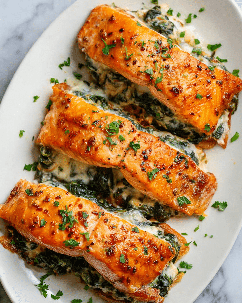 The image shows three stuffed salmon fillets on a white oval plate, placed on a white marbled surface. Each fillet has two main layers: the top layer is a bright orange, cooked salmon with a slightly crispy texture and small black pepper specks; the inside layer is creamy and filled with dark green sautéed spinach mixed with a light beige cheese sauce. The salmon pieces are garnished with chopped fresh green herbs, scattered lightly over the fillets and plate edges. The overall look is warm and inviting with a rustic, home-cooked feel. photo taken with an iphone --ar 4:5 --v 7