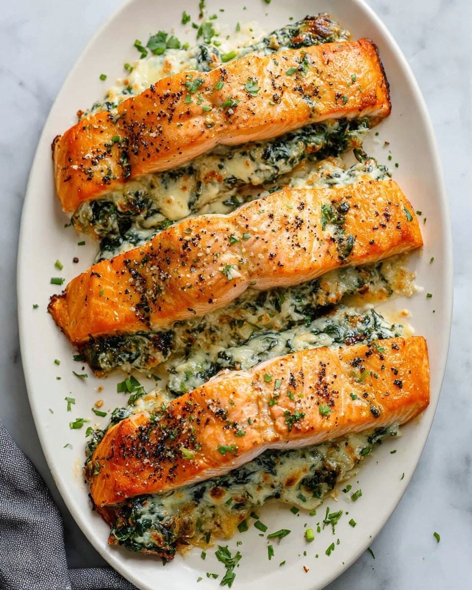 Four salmon fillets are arranged in two neat rows on a white oval plate, each fillet split horizontally and stuffed with a creamy, chunky spinach and cheese mixture that appears light beige with dark green flecks. The salmon is cooked to a golden-orange color with a slightly crispy texture on top, speckled with black pepper and small green herb leaves scattered over the dish and plate. The plate rests on a white marbled surface, with some of the chopped herbs and melted cheese slightly spilling onto the plate. photo taken with an iphone --ar 4:5 --v 7