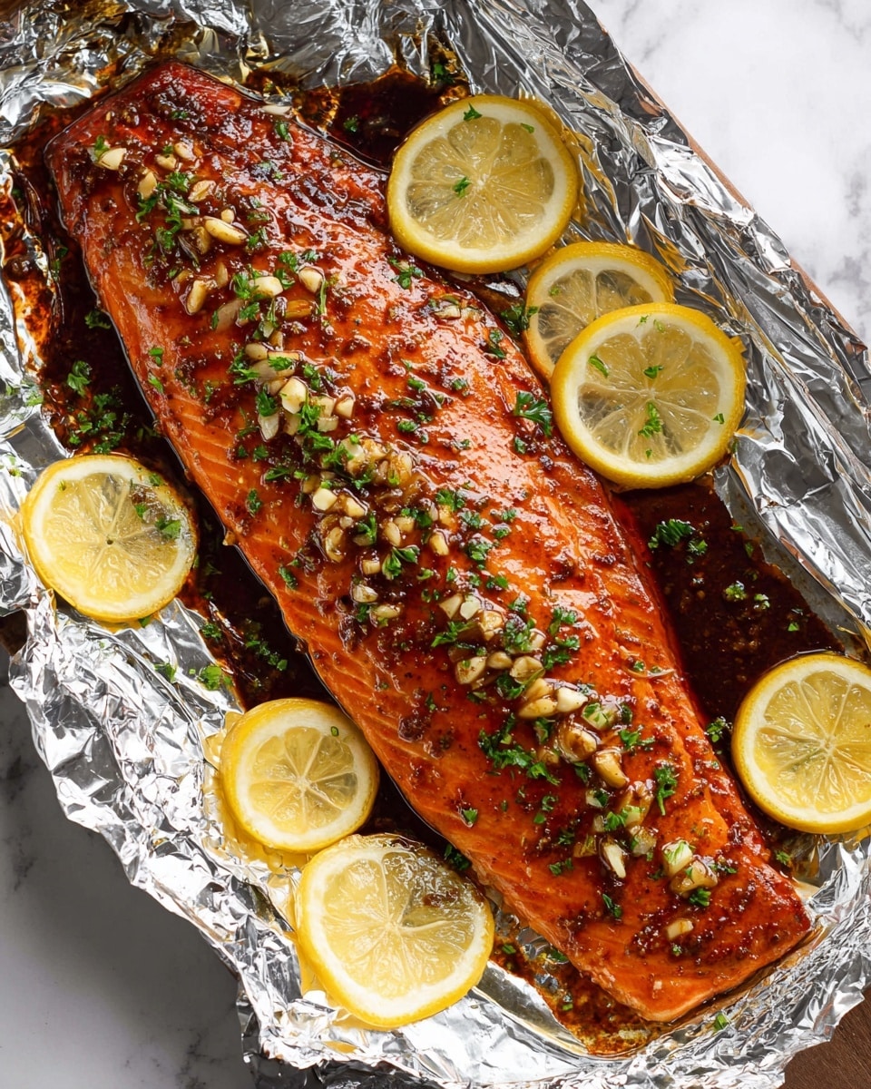 A large cooked salmon fillet with a shiny, dark red glaze sits on crinkled aluminum foil shaped like a shallow tray. The salmon is orange-pink, topped with chopped garlic and green herbs scattered evenly over the surface. On the left side, three thin lemon slices lean against the salmon, their yellow color bright and fresh. Around the foil tray, lemon halves and slices add more yellow accents. The scene is set against a white marbled texture with a warm, natural light. photo taken with an iphone --ar 4:5 --v 7