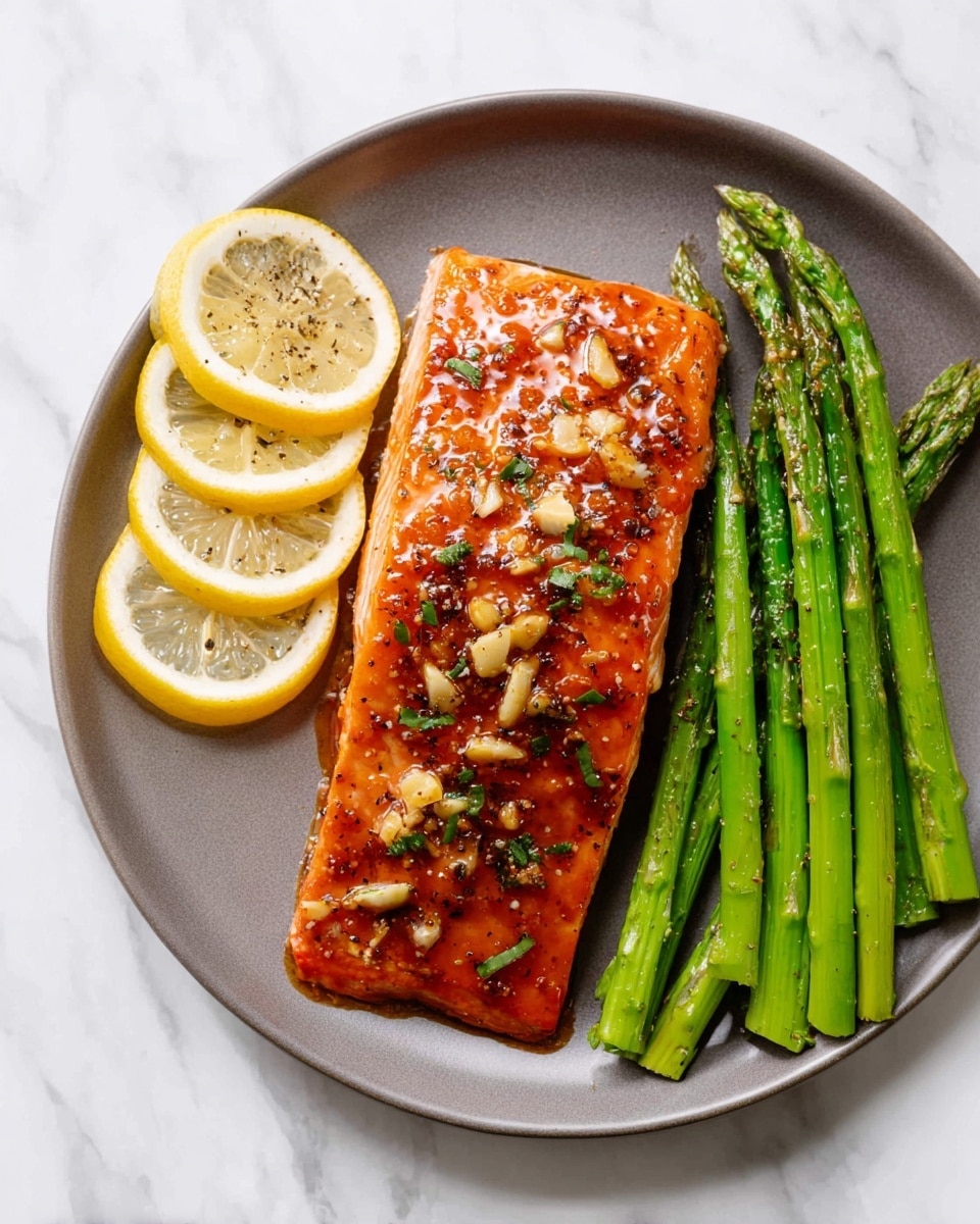 A white plate shows a piece of cooked salmon fillet in the center, coated with a glossy reddish-orange sauce and sprinkled with small pieces of garlic and green herbs. To the right of the salmon, there is a neat row of bright green asparagus spears, seasoned lightly with black pepper. On the left side of the salmon, three lemon slices with yellow rinds are arranged in a small stack. The background is a white marbled texture. photo taken with an iphone --ar 4:5 --v 7