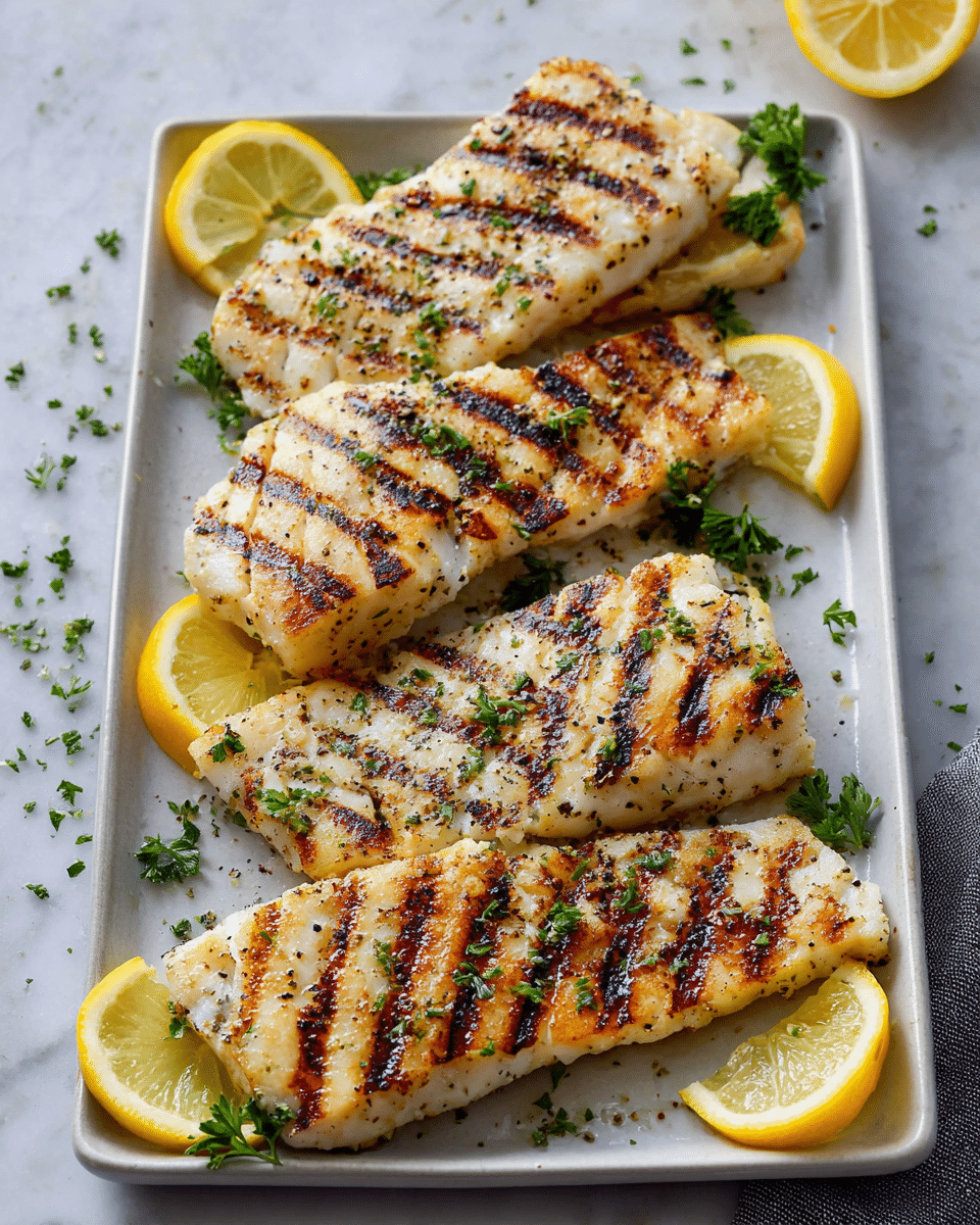 A white rectangular plate holds five pieces of grilled fish fillets arranged slightly overlapping in two rows. Each fillet shows clear, dark brown grill marks running diagonally across a light golden-brown surface, sprinkled with small green parsley flakes and coarse black pepper. Around the edges of the plate, thin slices of bright yellow lemon add color contrast. Fresh green parsley sprigs peek underneath some fillets. The plate sits on a white marbled surface with small scattered parsley bits and lemon halves on the side. photo taken with an iphone --ar 4:5 --v 7