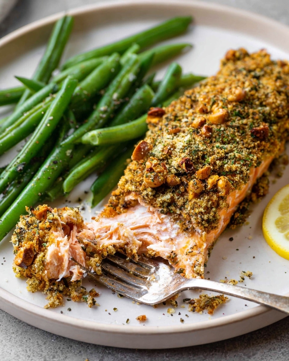 A white plate holds a serving of green beans on the left side, bright green in color with a light sprinkle of pepper. On the right side is a piece of salmon covered with a thick, textured crust made of chopped nuts and herbs, golden brown with green bits. A fork is pulling apart a portion from the bottom edge of the salmon, revealing the soft, flaky, light pink fish inside. A thin slice of lemon peeks from beneath the salmon on the right side. Photo taken with an iphone --ar 4:5 --v 7