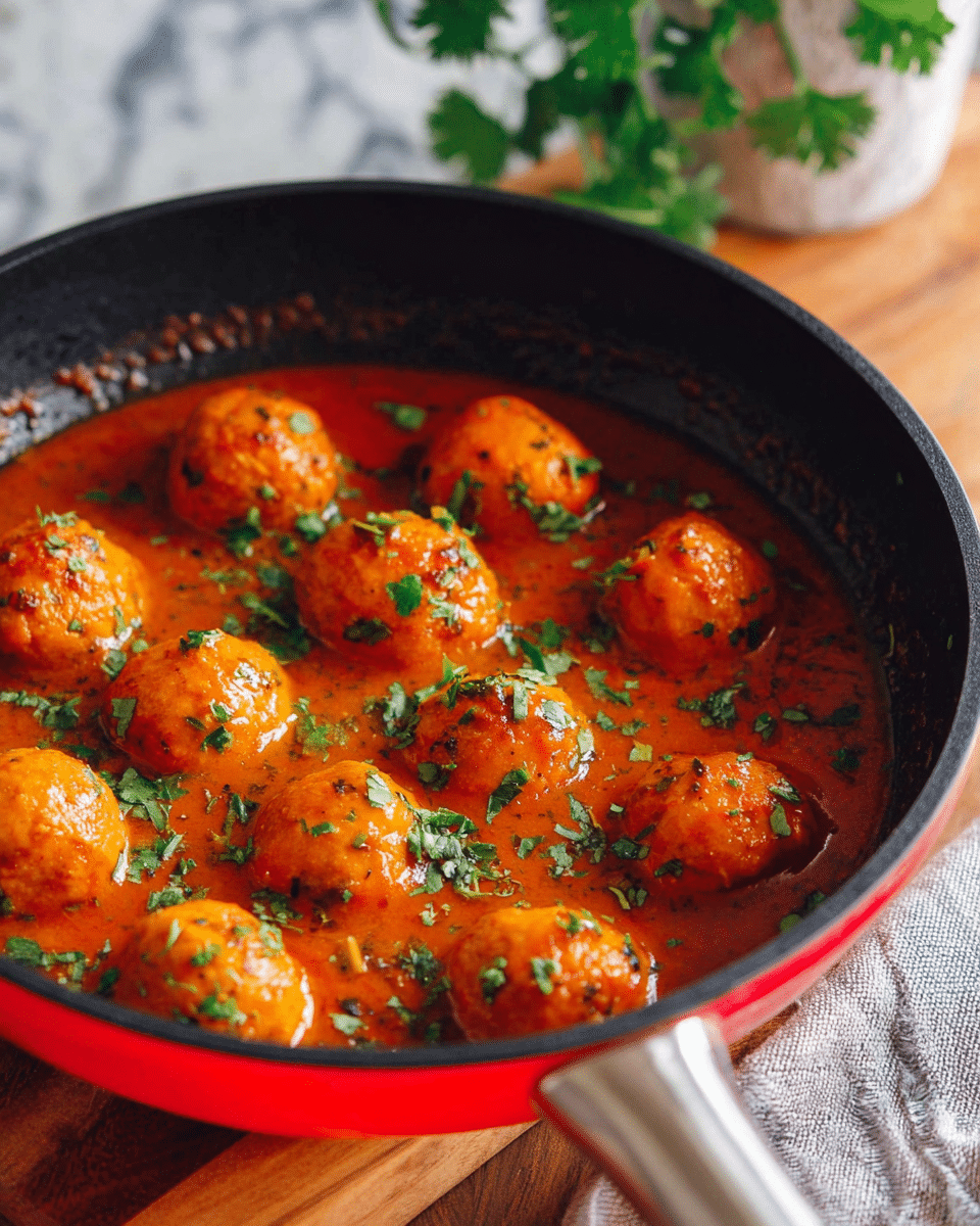 The image shows a black pan with a bright red edge, filled with round orange balls covered in a thick, rich orange-red sauce. The sauce appears smooth with small herbs and spices mixed in, and chopped green herbs are sprinkled on top of the balls, adding a fresh contrast. The pan handle is visible on the right side with a blurred plant in the white marbled background. The pan rests on a wooden table with a folded cloth underneath. photo taken with an iphone --ar 4:5 --v 7
