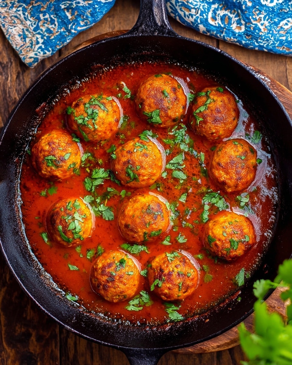A black cast iron pan holds ten round orange meatballs, each coated in a rich, thick red sauce with visible herbs and spices. The meatballs are sprinkled with fresh green chopped cilantro, scattered evenly on top. The surface of the sauce has a slightly oily sheen and a textured look, filling the pan about halfway up the sides. The pan is placed on a brown wooden surface with a blue and white patterned cloth partially visible in the upper right corner and a small green plant in the bottom right corner. photo taken with an iphone --ar 4:5 --v 7
