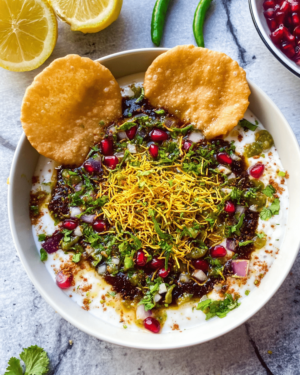 A white bowl filled with a layered dish starting with a creamy white base, topped with colorful layers including dark tamarind sauce, green chutney, and small red pomegranate seeds. On top, a crispy yellow sev is scattered along with fresh green herbs and small white onion pieces. Two round, golden-brown crispy wafers rest on the edge of the bowl. The bowl is set on a surface with a white marbled texture with a lemon half and green chilies nearby. photo taken with an iphone --ar 4:5 --v 7