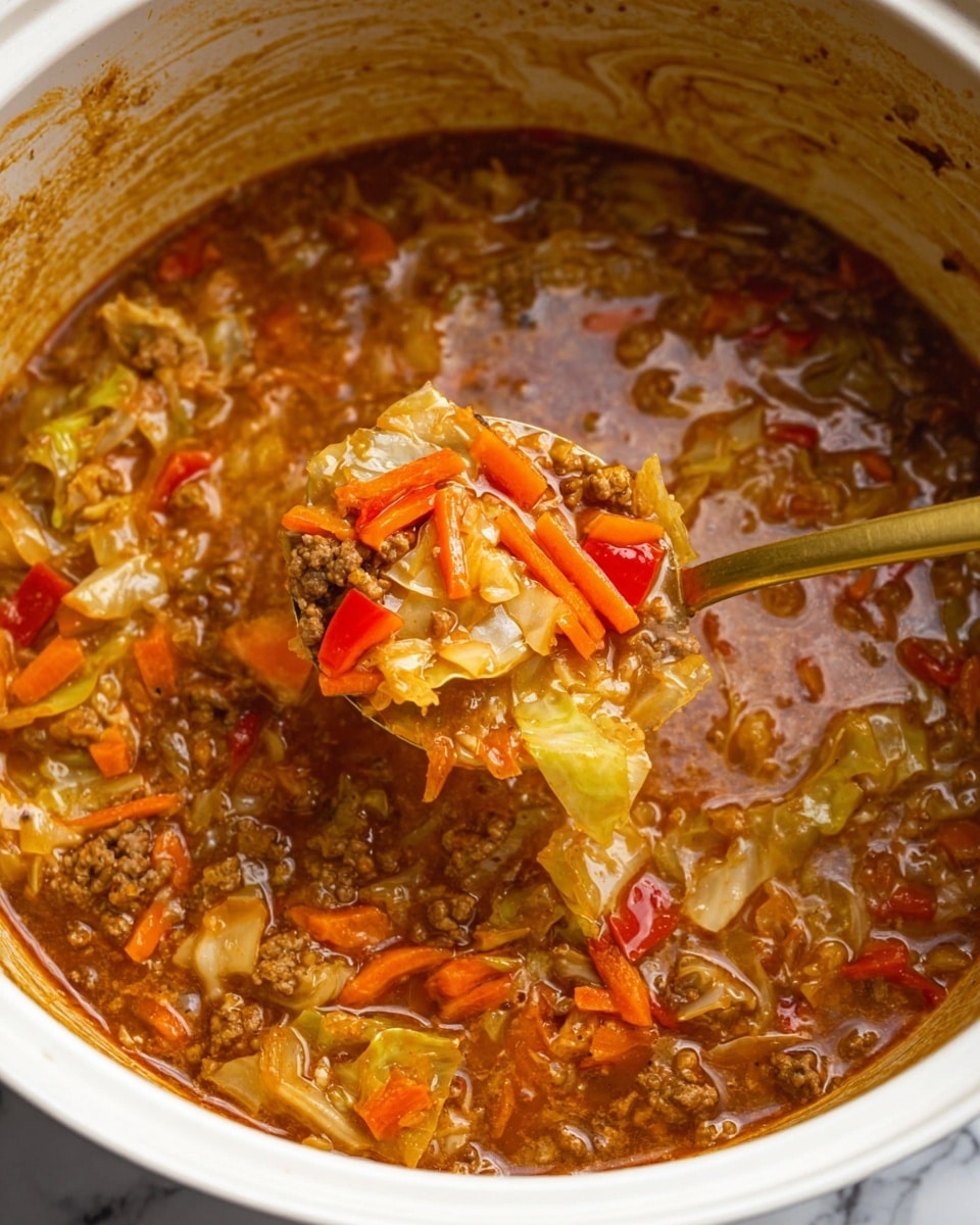 A close-up of a white pot filled with a thick stew showing three main layers: a reddish-brown broth with visible spices and seasoning, chunks of light yellow cabbage spread throughout, and small pieces of bright orange shredded carrots mixed with diced red bell peppers. Bits of browned ground meat and soft white rice are scattered within the stew, blending into the sauce. A gold-colored spoon is scooping some of the stew, lifting a mix of cabbage, carrot sticks, and red peppers above the pot’s surface. The inside rim of the pot is marked with streaks of the stew’s sauce, and the background surface is a white marbled texture. photo taken with an iphone --ar 4:5 --v 7