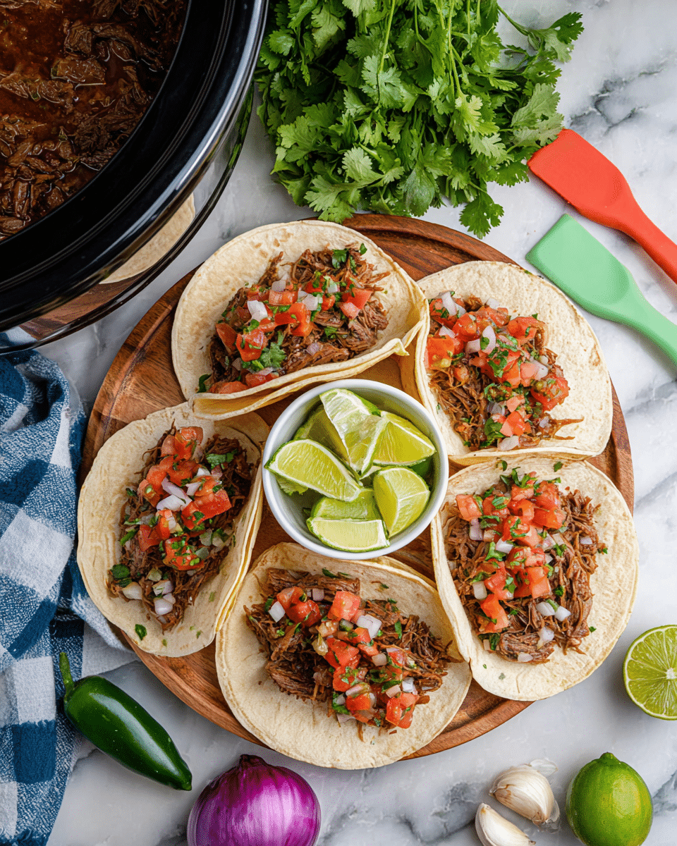 The image shows five soft white tortillas arranged in a circle on a round wooden board, each filled with layers of shredded brown cooked meat, topped with fresh red and pink tomato salsa mixed with green herbs and small white onion pieces. A white bowl filled with bright green lime wedges sits in the center of the board, next to a bunch of fresh green cilantro. The board is placed on a white marbled surface with a blue and white checkered cloth partially visible on the left side. Surrounding the board are half a purple onion, a whole green jalapeño, a bulb of garlic, and halved limes. A crockpot with cooked meat inside is at the top left corner, and colorful silicone kitchen utensils are on the upper right. photo taken with an iphone --ar 4:5 --v 7