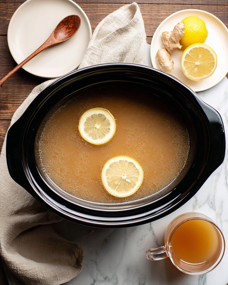 A black slow cooker filled with a light brown broth, inside it two thin lemon slices float near the edge; to the top left, a wooden spoon rests on a small white plate, and next to it a beige cloth is spread partially under the cooker; on the top right, a small white plate holds half a lemon and a piece of fresh ginger, and below that, a clear glass mug with a small amount of the same broth sits on another white plate; all items are arranged on a white marbled surface. photo taken with an iphone --ar 4:5 --v 7