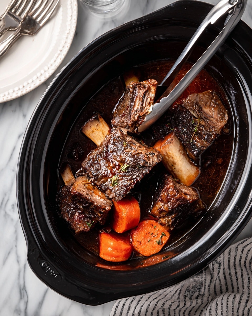 A black slow cooker holds a dish with several layers: at the bottom is a dark, rich broth covering the whole base, above it lie large pieces of browned meat with grilled textures, each attached to a bone, and bright orange carrot sections scattered around. A pair of metal tongs lifting one piece of meat is visible, the meat showing a juicy, tender inside. The cooker sits on a white marbled surface next to a white plate with a silver fork and a striped cloth. Photo taken with an iphone --ar 4:5 --v 7