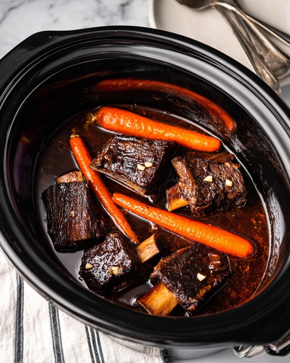 Inside a black slow cooker, several pieces of dark brown beef ribs with visible garlic bits are partially submerged in rich dark brown sauce. Large, bright orange carrot sticks rest on top and between the ribs, adding a pop of color. The slow cooker sits on a white marbled surface next to a white cloth with black stripes and a white plate with silver forks in the background. The scene has a cozy and hearty feel. photo taken with an iphone --ar 4:5 --v 7