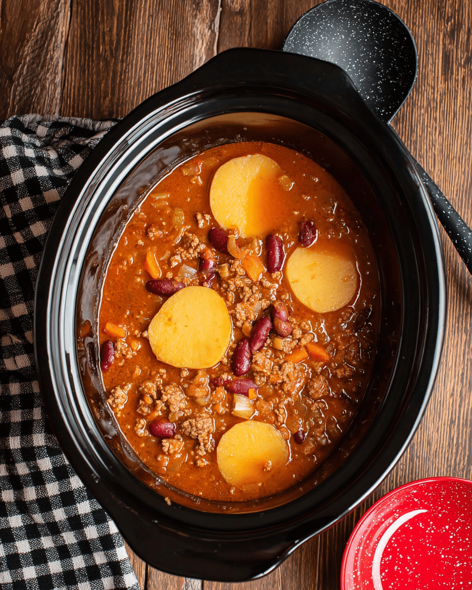 A black slow cooker filled with a thick stew showing 3 large round slices of golden yellow potato floating on top in a rich brown-orange broth. There are small bits of browned ground meat, dark red kidney beans, and small light green and white vegetable pieces mixed throughout the stew. The slow cooker is placed on a wooden table with a black and white checkered cloth on the left and a red speckled bowl near the lower right corner. A black ladle with white speckles rests to the upper right on the table. The photo is taken from above on a white marbled textured surface. photo taken with an iphone --ar 4:5 --v 7
